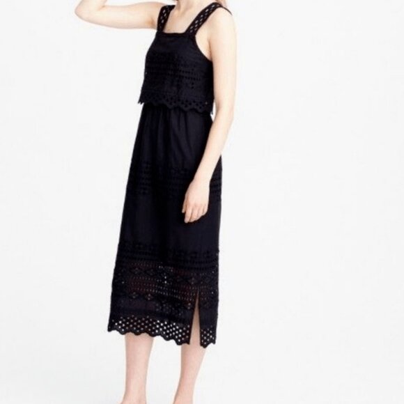 J Crew Tiered Eyelet Midi Cotton Black Dress